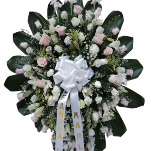 arreglo-funebre-coronas-funebres-en-cali base tripode ramos funebres Cali con base de rosas y lirios